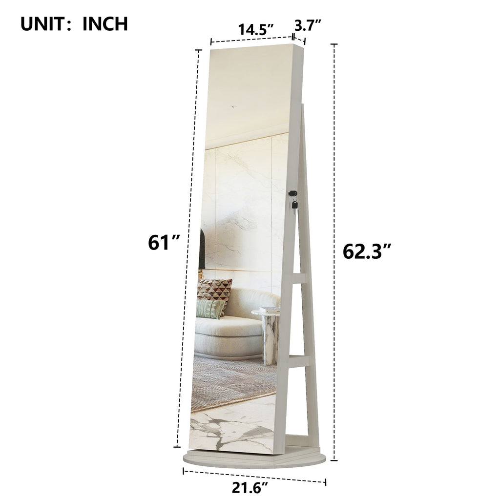 360°Swivel Jewelry Cabinet with Full Length Mirror, 360°Rotating Standing Jewelry Armoire Organizer, Lockable Storage Cabinet, Interior Lighted Mirror, White - Grand Goldman Shop