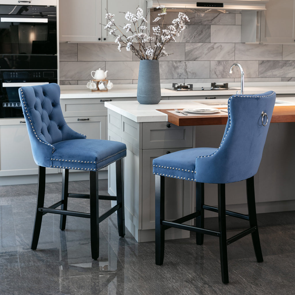 Contemporary Velvet Upholstered Barstools with Button Tufted Decoration and Wooden Legs, and Chrome Nailhead Trim, Leisure Style Bar Chairs,Bar stools, Set of 2 (Blue),SW2002BL - Grand Goldman Shop