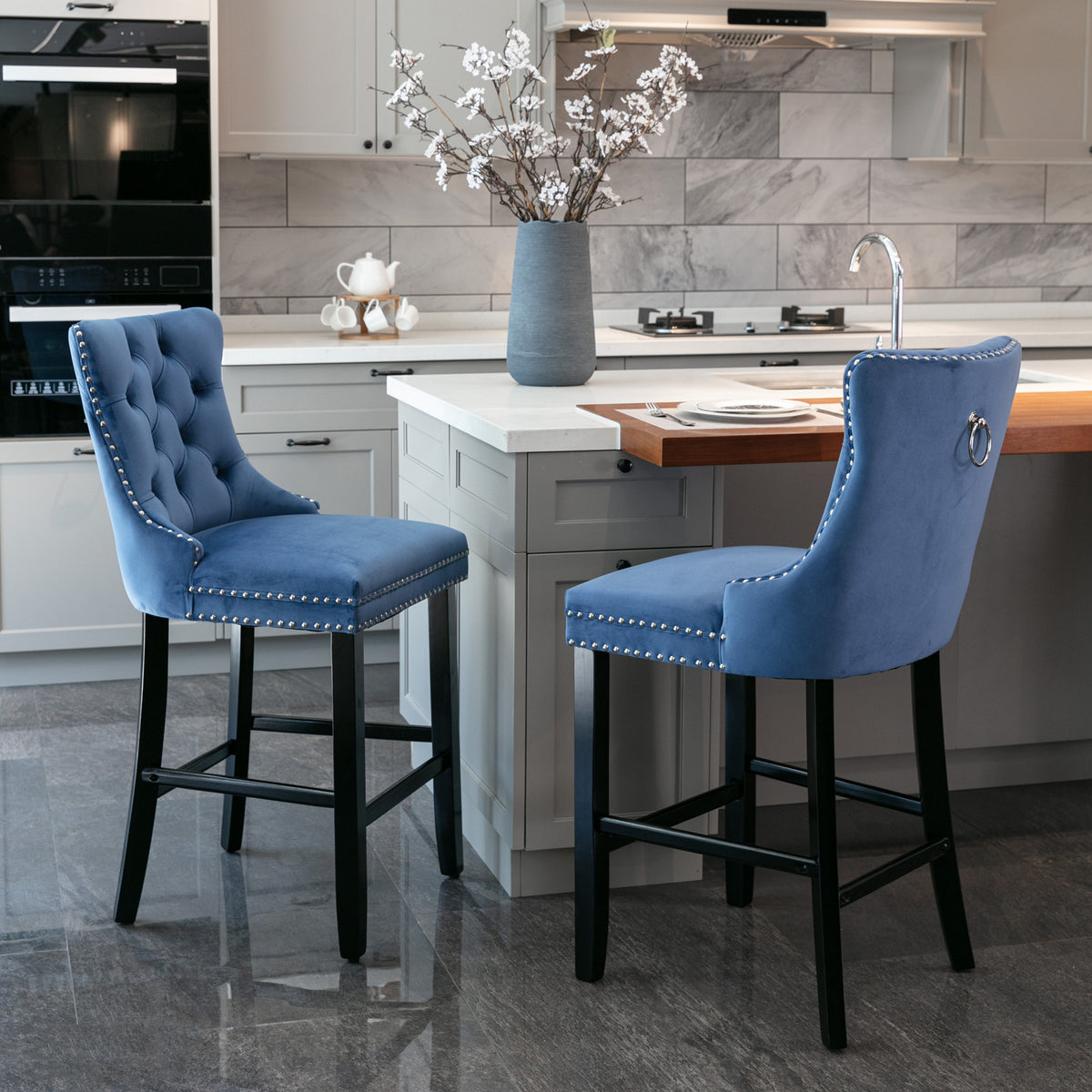 Contemporary Velvet Upholstered Barstools with Button Tufted Decoration and Wooden Legs, and Chrome Nailhead Trim, Leisure Style Bar Chairs,Bar stools, Set of 2 (Blue),SW2002BL - Grand Goldman Shop