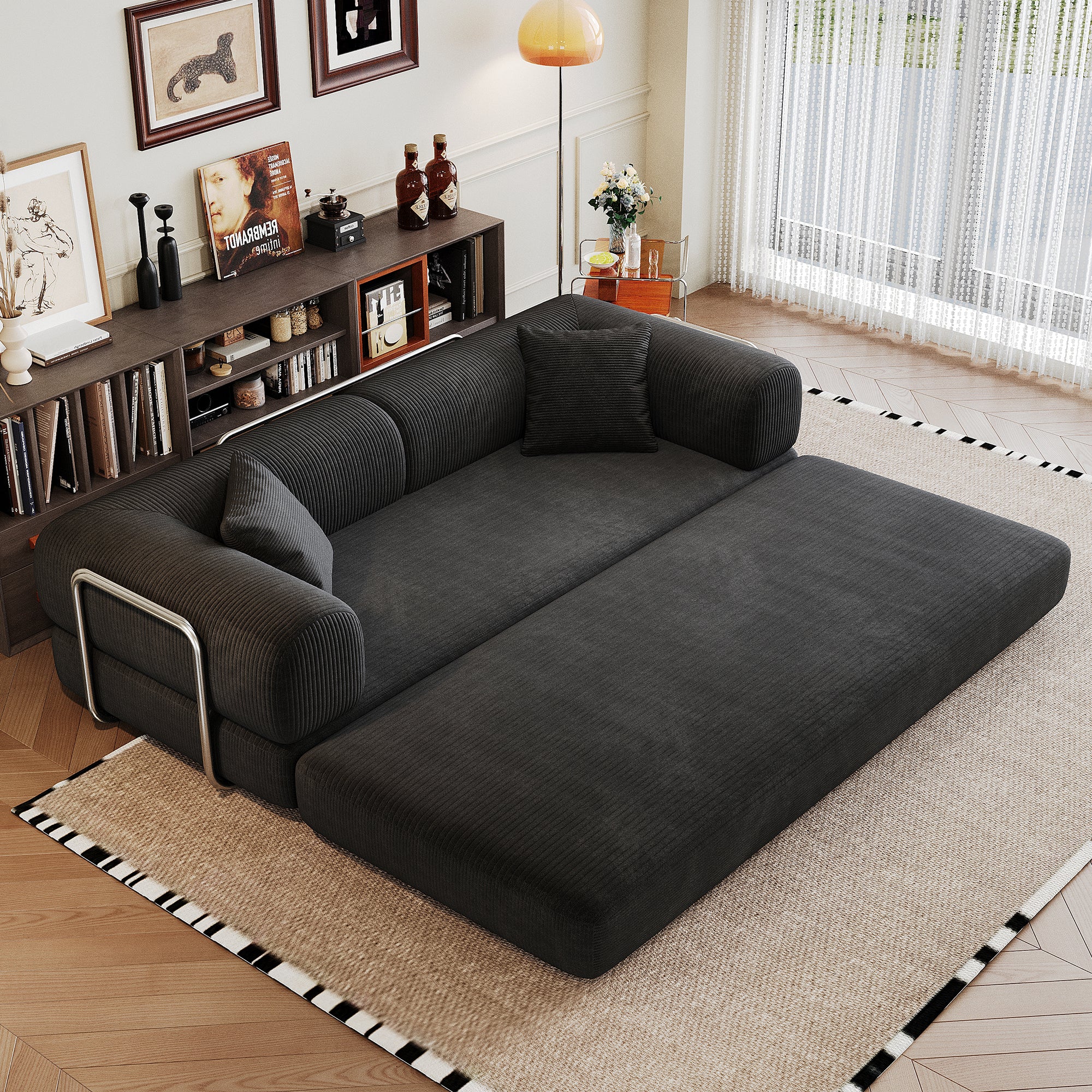 78.8' Compression Sofa,Convertible Floor Sofa Bed-with Pillow Back Support Armrest,Comfy Futon Couch Sleeper Bed,Loveseats Boneless Modular Sectional Sofa,Corduroy fabric,for Living Room,Bedroom,Black - Grand Goldman Shop