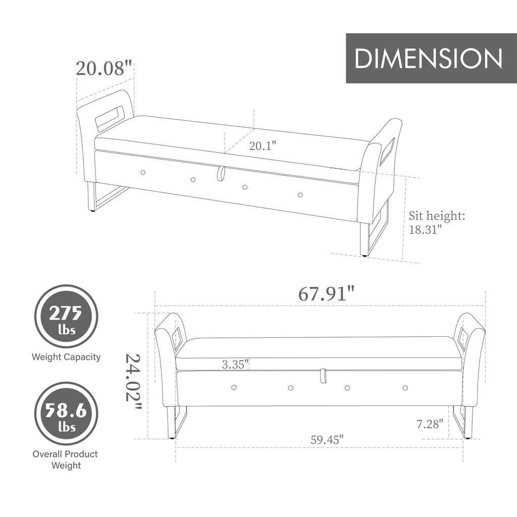 67.91' Wide Storage Soft Ottoman Bench with Armrests,Footrest Bed End Stool for Living Room, Dorm, Entryway and Bedroom, Navy - Grand Goldman Shop