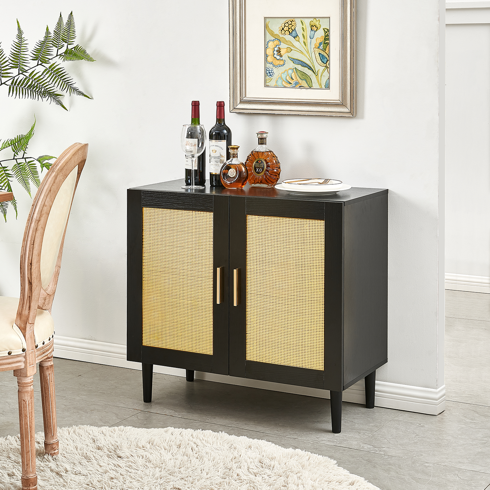 Side panel buffet cabinet with natural rattan door, rattan storage cabinet with adjustable shelves, side panel and buffet with storage space, modern console cabinet in bedroom and living room - Grand Goldman Shop