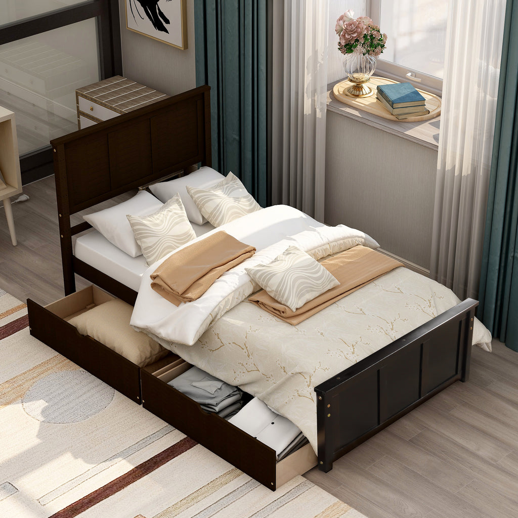 Espresso Platform Storage Bed with 2 Wheel-Base Drawers, Twin Size Frame, Pine Wood and MDF Construction - Grand Goldman Shop