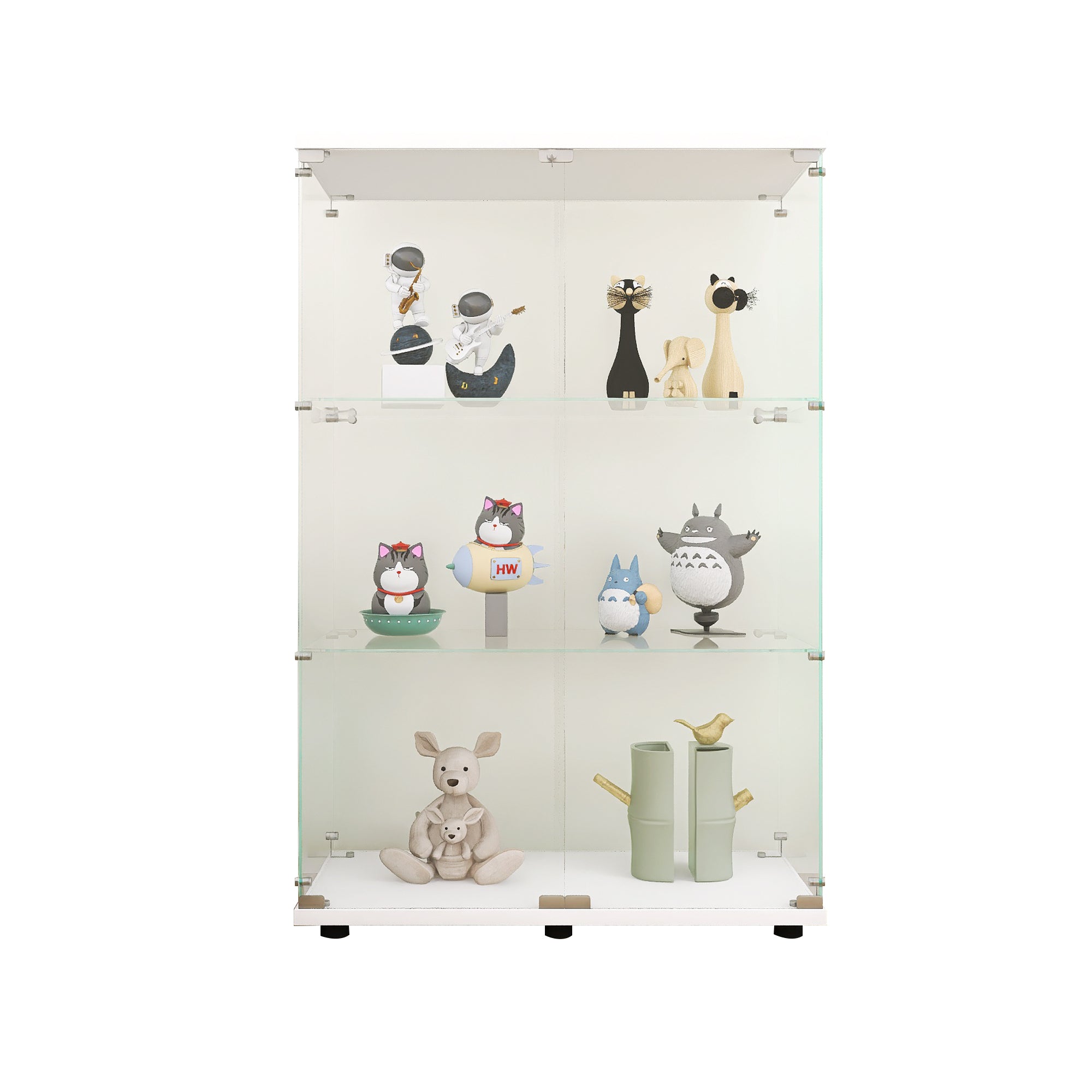 Two-door Glass Display Cabinet 3 Shelves with Door, Floor Standing Curio Bookshelf for Living Room Bedroom Office, 49.3'*31.7