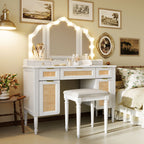 44.37 ' Makeup Vanity Desk with 13 Hollywood Bulbs and 3 Lighting Modes, Dressing Table with Tri-Fold Mirror   Large Vanity Table with 5 Drawers and Shelves and  Charging Station for Bedroom, White - Grand Goldman Shop