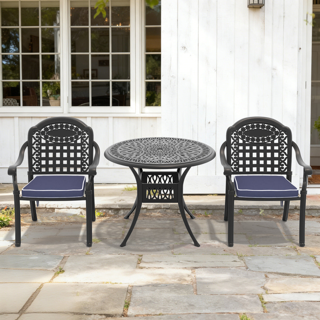 3-Piece Set Of Cast Aluminum Patio Furniture With Blue Cushions
