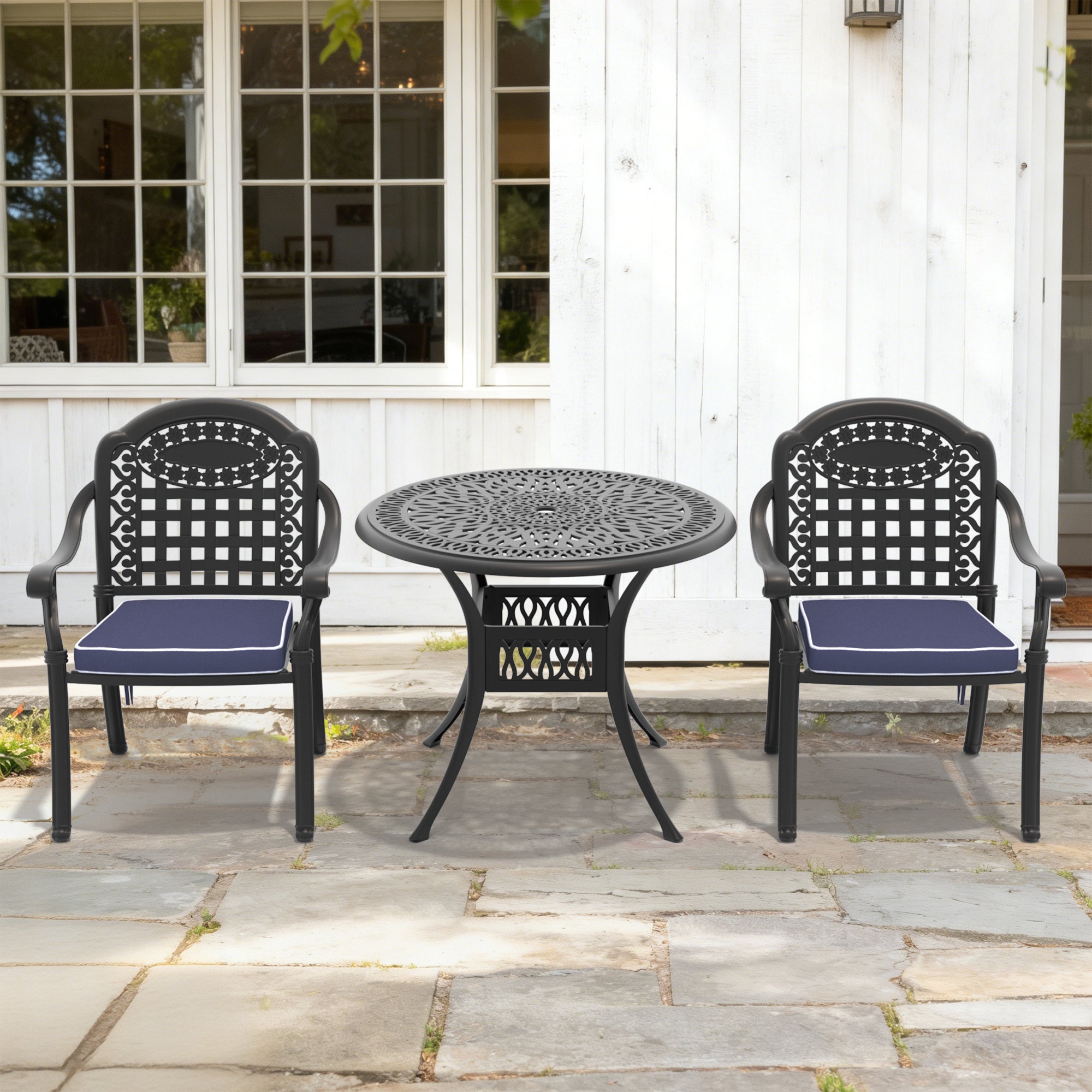 3-Piece Set Of Cast Aluminum Patio Furniture With Blue Cushions