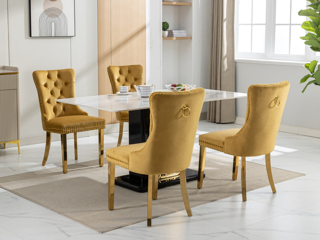 A&A Furniture,Nikki Collection Modern, High-end Tufted Solid Wood Contemporary Velvet Upholstered Dining Chair with Golden Stainless Steel Plating Legs,Nailhead Trim,Set of 2,Gold, SW1601GL - Grand Goldman Shop