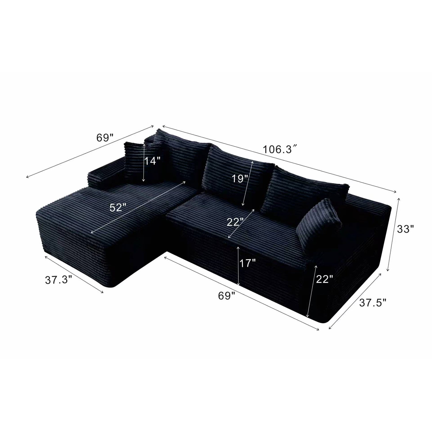 106.3' Cloud Modular Sectional Sofa Couch with L-Shape Chaise, Modern Minimalist Upholstered Couches for Living Room Bedroom, Deep Seat Corner Couch, No Assembly Required - Grand Goldman Shop