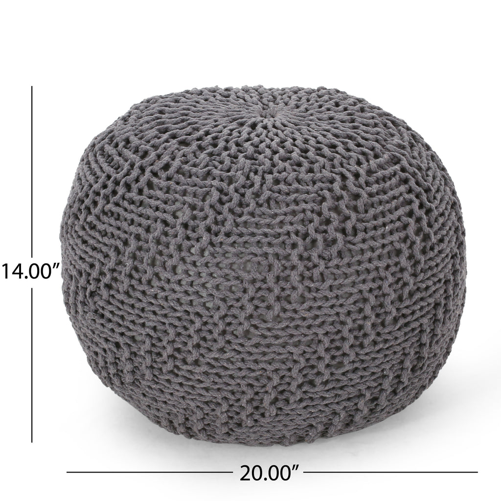 Hazel Modern Knitted Cotton Yarn Round Pouf with Eco-Friendly PET Fibers, Dark Grey, 20 x 20 inches - Grand Goldman Shop