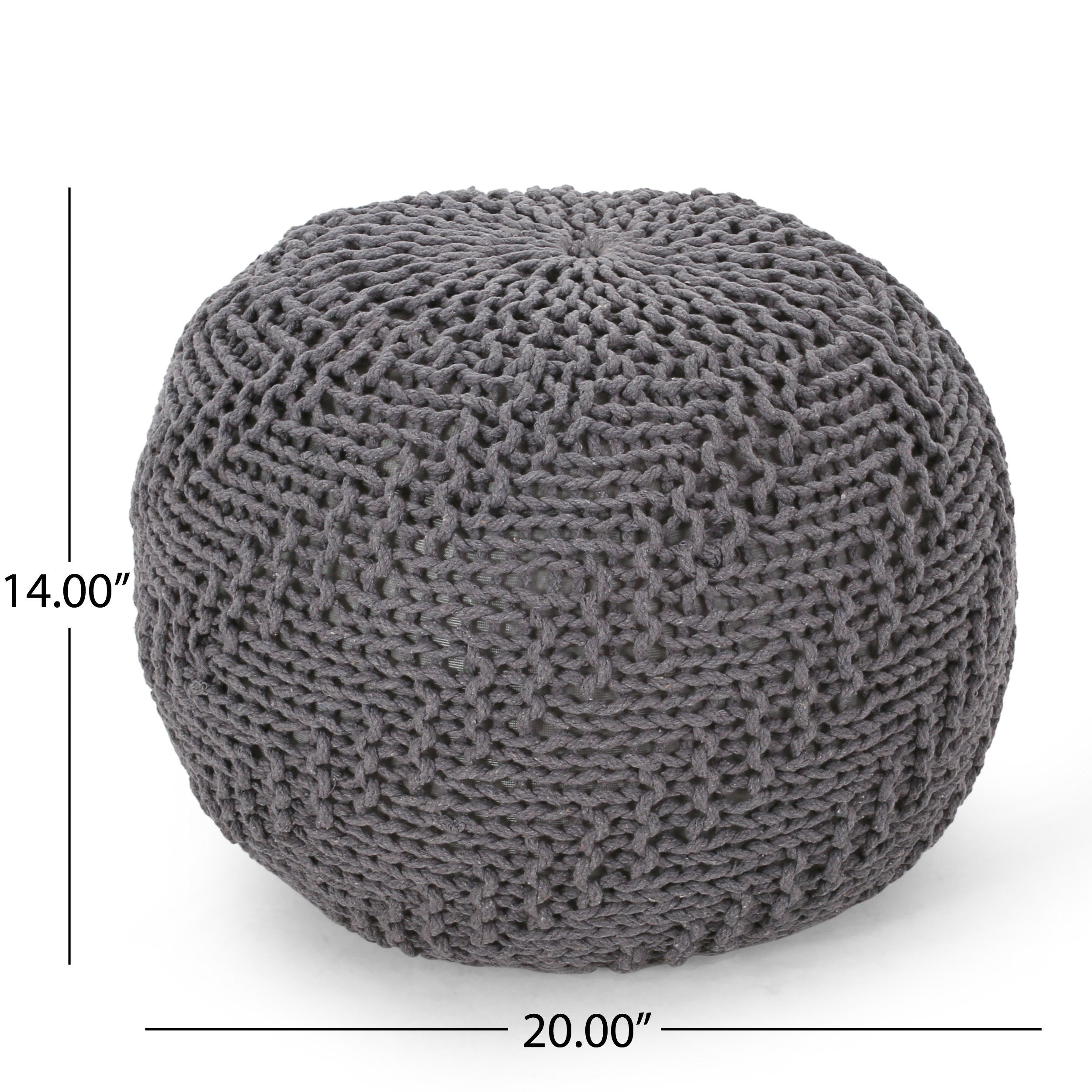 Hazel Modern Knitted Cotton Yarn Round Pouf with Eco-Friendly PET Fibers, Dark Grey, 20 x 20 inches - Grand Goldman Shop