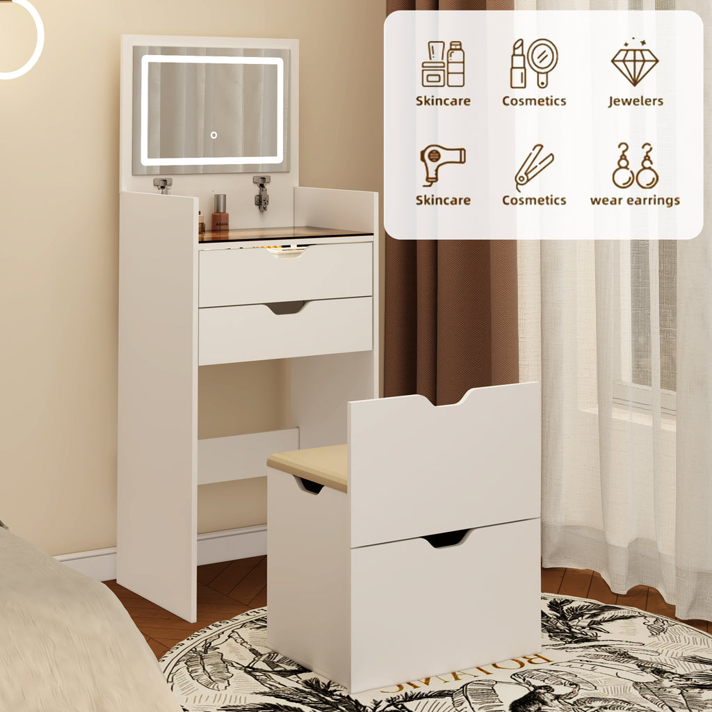 Dressing Table and Stool, 3-in-1 Multifunctional Dressing Table Set, Featuring Three-color Lighting Modes, HD Mirror, Two Sliding Drawers, and a Hidden Storage Stool - Grand Goldman Shop