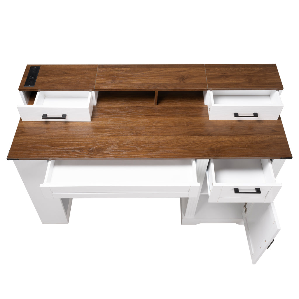 White Farmhouse Office Desk with Storage Cabinet, Charging Station, Monitor Stand & Pegboard, 55' Computer Writing Desk with 