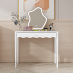 White 35.43' Vanity Desk with Drawer – Modern Makeup Table with Scalloped Front & Gold Knob, Compact Writing Desk with 4 Sturdy Legs for Bedroom, Small Home Office & Apartment Spaces - Grand Goldman Shop