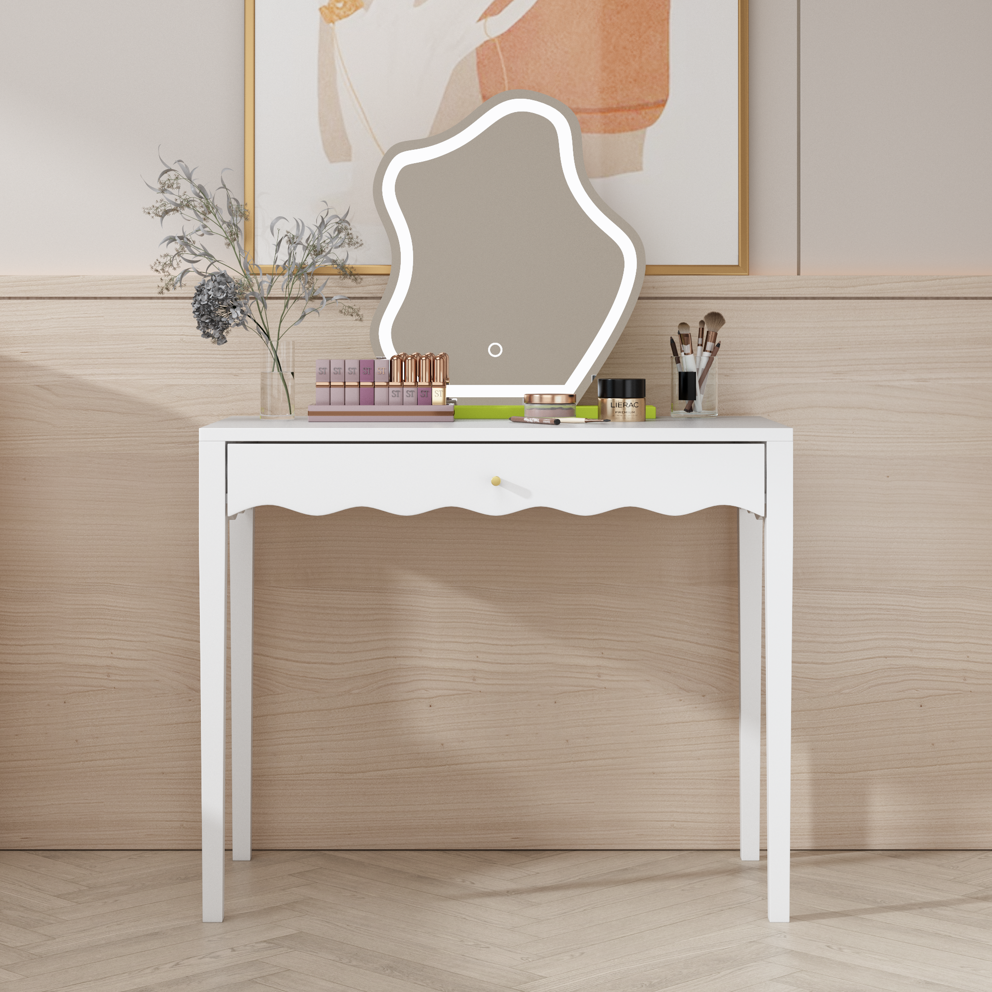 White 35.43' Vanity Desk with Drawer – Modern Makeup Table with Scalloped Front & Gold Knob, Compact Writing Desk with 4 Sturdy Legs for Bedroom, Small Home Office & Apartment Spaces - Grand Goldman Shop