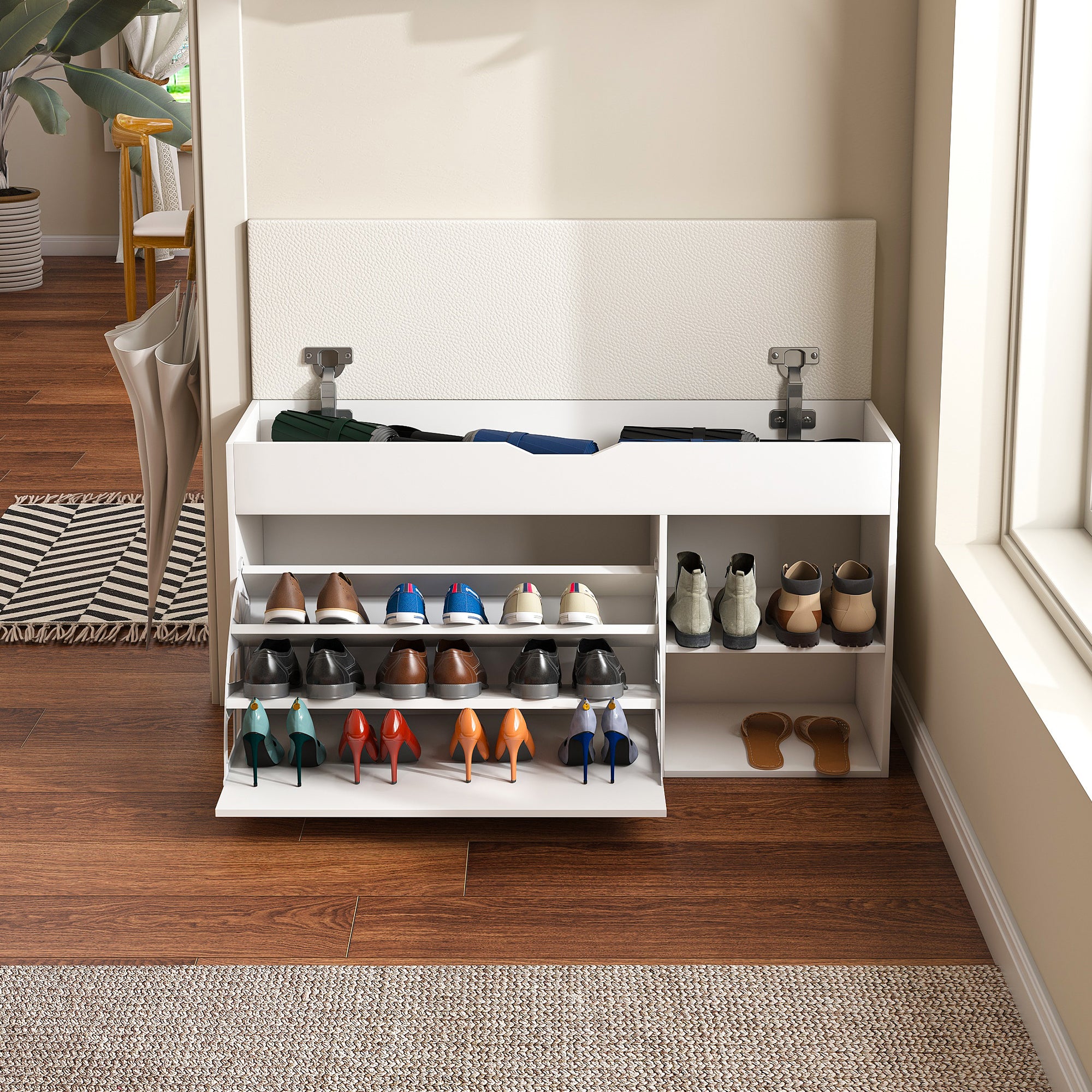 Modern Design Entryway Bench with Adjustable 3-Tier Flip-Up Drawers and Hidden Cabinet in White - Grand Goldman Shop