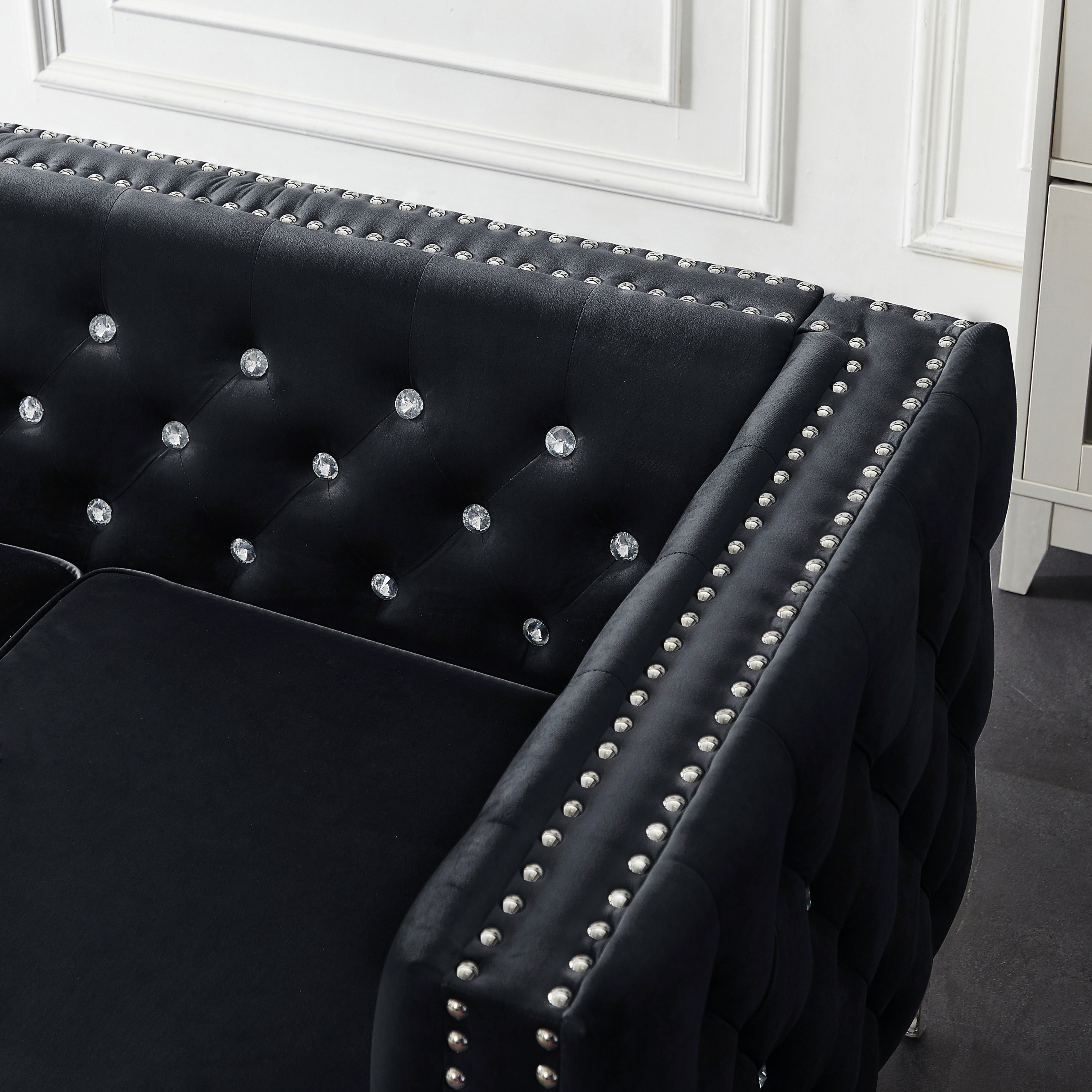 59.4 Inch Wide Black Velvet Sofa with Jeweled buttons,Square Arm ,2 Pillows - Grand Goldman Shop
