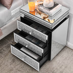Mirrored Nightstand with 3 Drawers, Silver Nightstand with Crystal Inlay, Mirror End Table, Modern Bedside Table, Glass Table for Bedroom, 13.8''W x 17.7' L x 23.6' H - Grand Goldman Shop