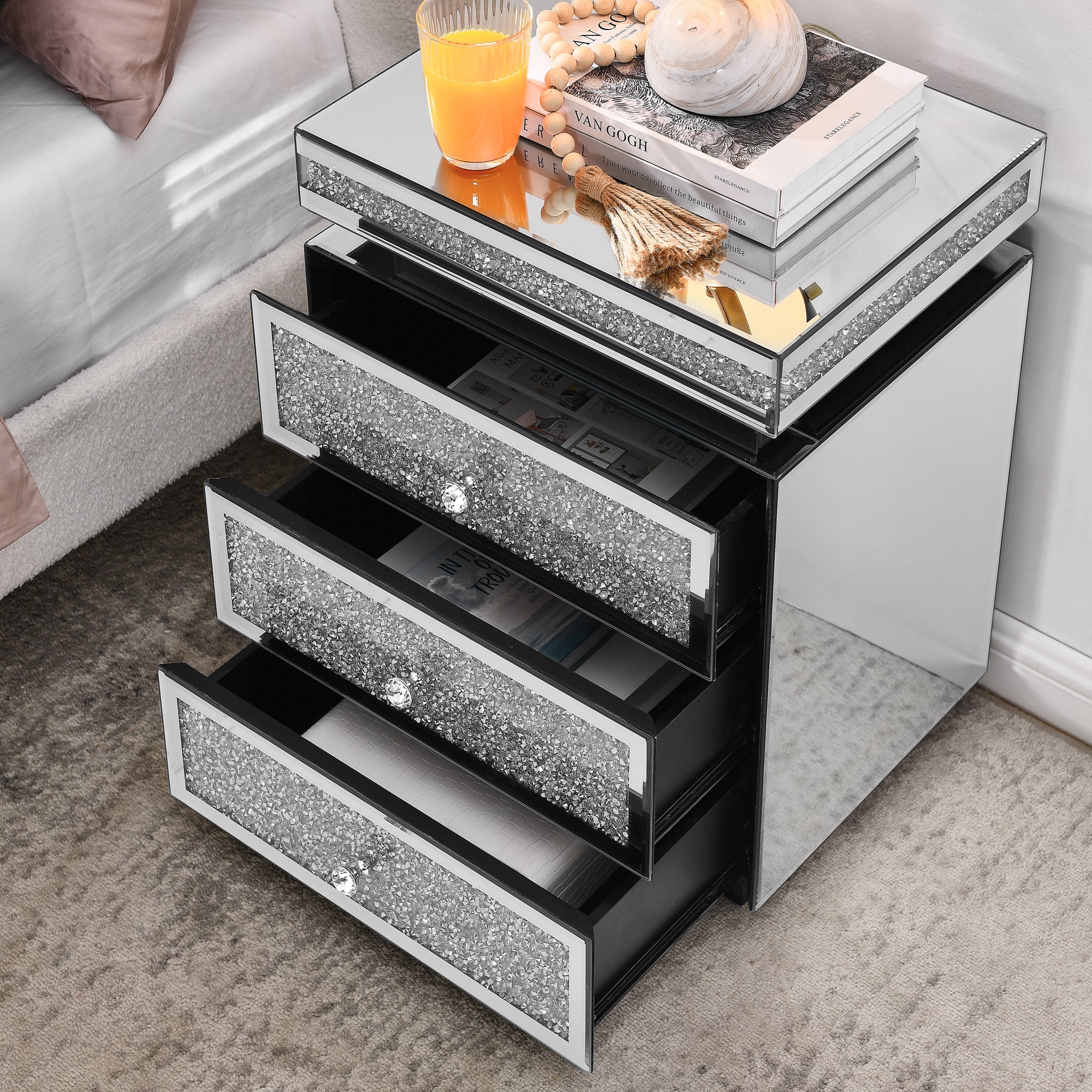 Mirrored Nightstand with 3 Drawers, Silver Nightstand with Crystal Inlay, Mirror End Table, Modern Bedside Table, Glass Table for Bedroom, 13.8''W x 17.7' L x 23.6' H - Grand Goldman Shop