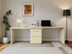 90' Modern L Shaped Desk in Natural Wood with 3 Drawers,360° Wood Rotating Desk,Executive Office Desk,Corner Desk,Office Stud