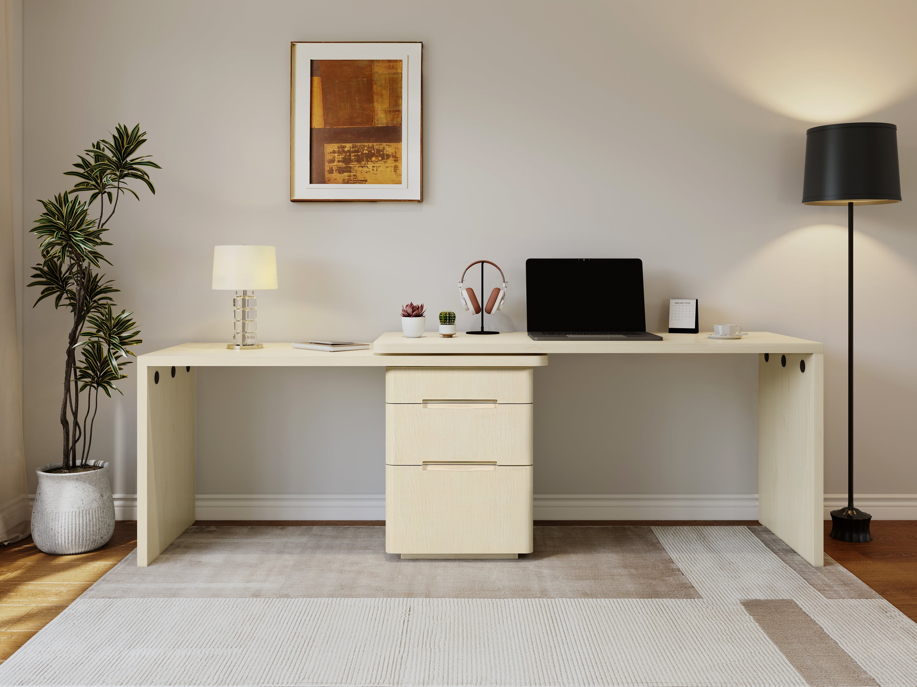 90' Modern L Shaped Desk in Natural Wood with 3 Drawers,360° Wood Rotating Desk,Executive Office Desk,Corner Desk,Office Stud
