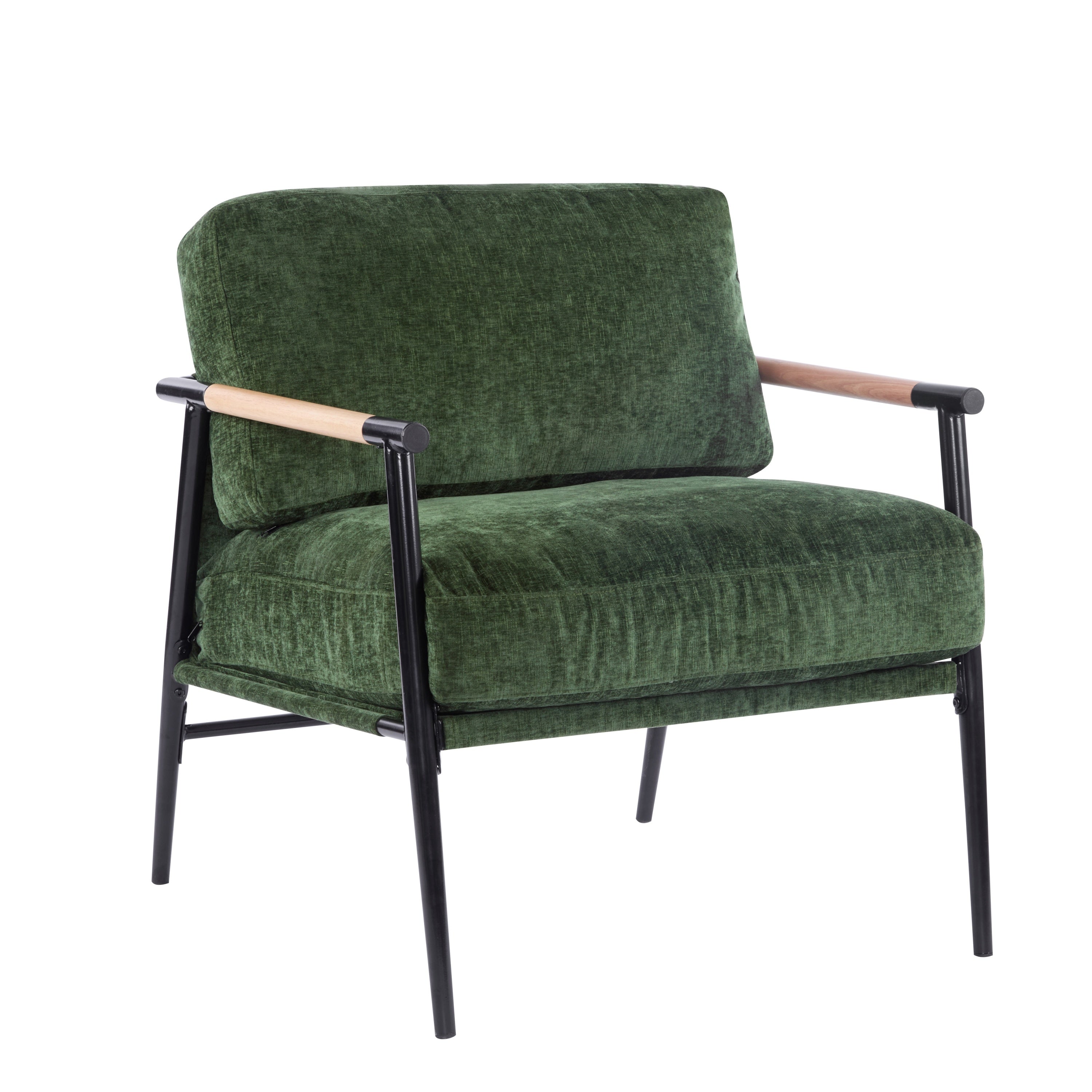 Modern Accent Chair with Plush Cushions, Minimalist Metal Frame, Wooden Armrest Design, Green - Grand Goldman Shop