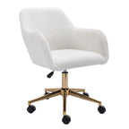 Modern Home Office Chair with Adjustable Height and Gold Metal Legs, White Teddy Fabric - Grand Goldman