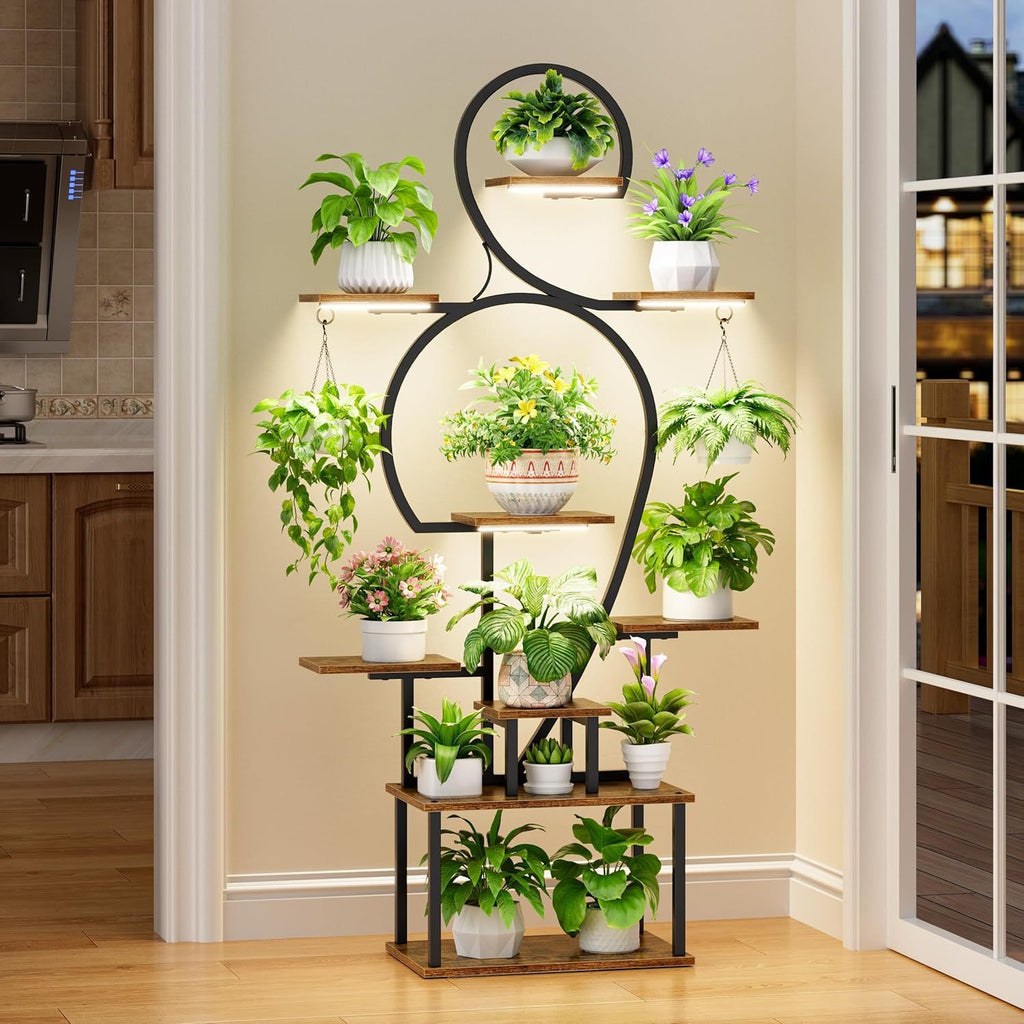 Plant Stand Indoor with Grow Light, 9-Tiered 63' Tall Indoor Plant Shelves for Multiple Plants, Large Metal Plant Shelf, Lighted Plant Stand for Indoor, Balcony, Living Room - Grand Goldman Shop
