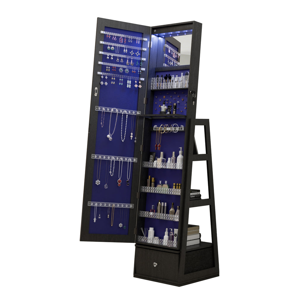 360°Swivel Jewelry Cabinet with Full Length Mirror, 360°Rotating Standing Jewelry Armoire Organizer, Lockable Storage Cabinet, Interior Lighted Mirror and Storage Drawers, Black - Grand Goldman Shop