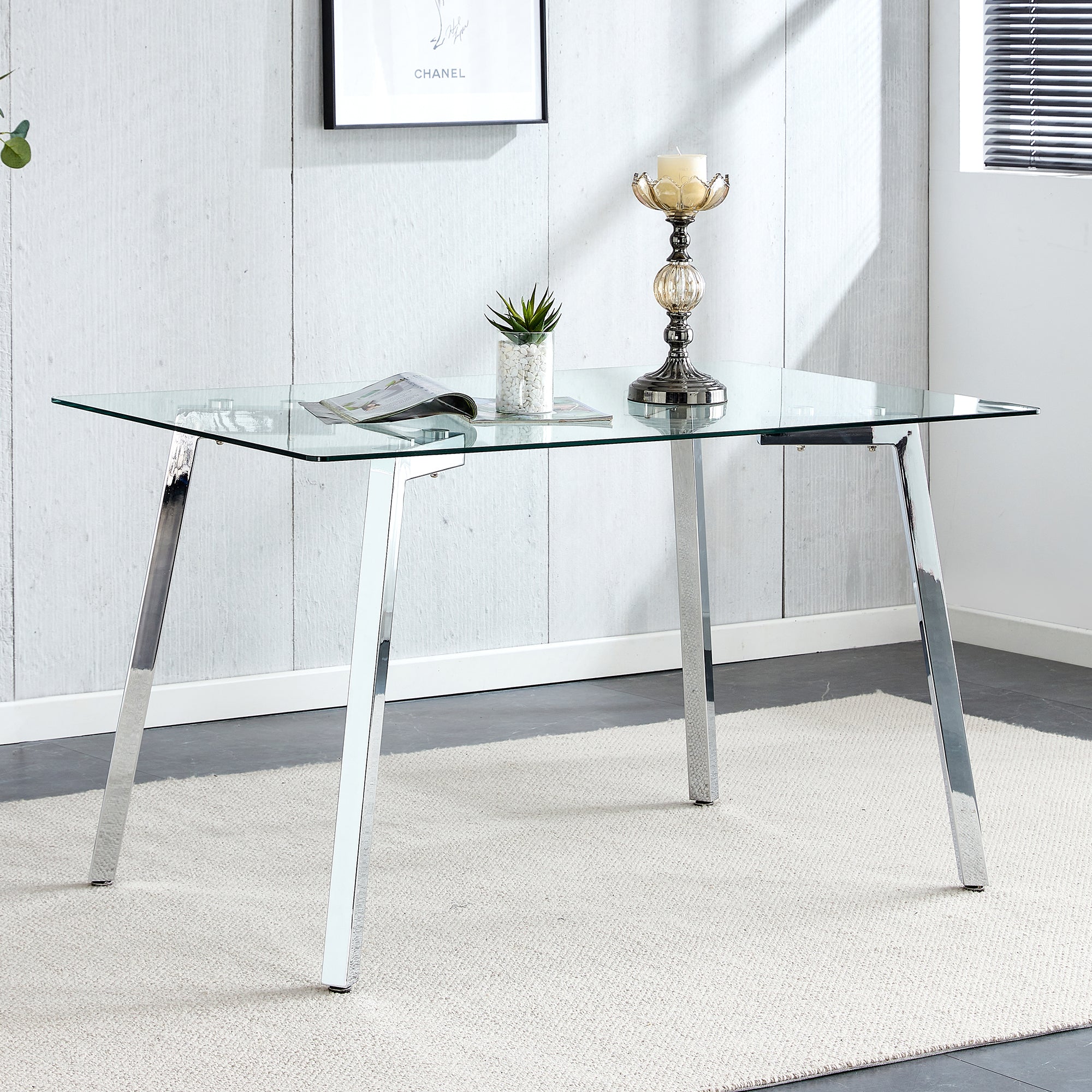 Glass Dining Table Modern Minimalist Rectangular  for 4-6 with 0.31' Tempered Glass Tabletop and plating Metal Legs, Writing Table Desk, for Kitchen Dining Living Room, 51' W x 31'D x 30' H 1123 - Grand Goldman Shop
