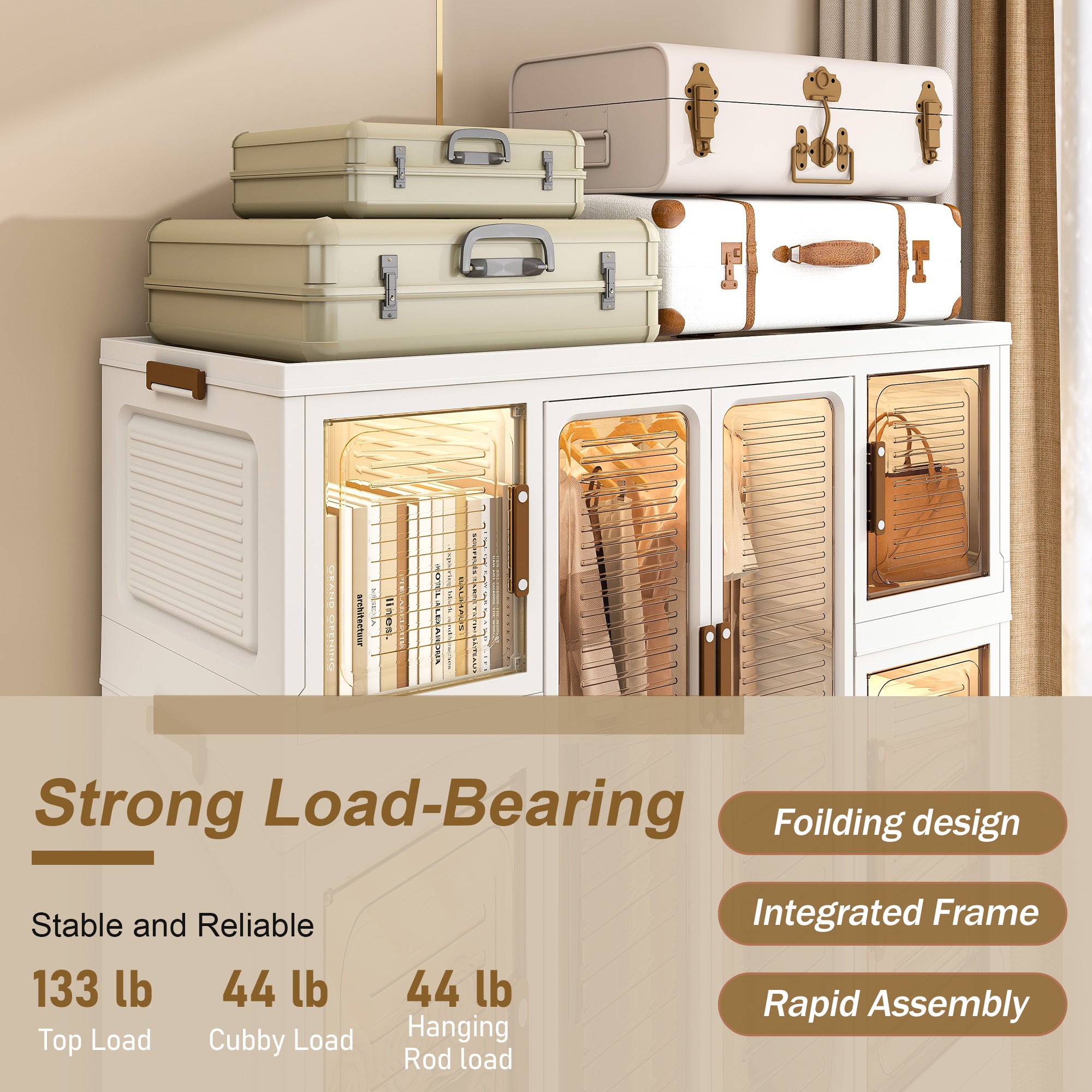 Portable Wardrobe Closet Storage Organizer for Clothes with Magnetic Doors, 12 Cubes & 2 Hanging Rods, White - Grand Goldman Shop