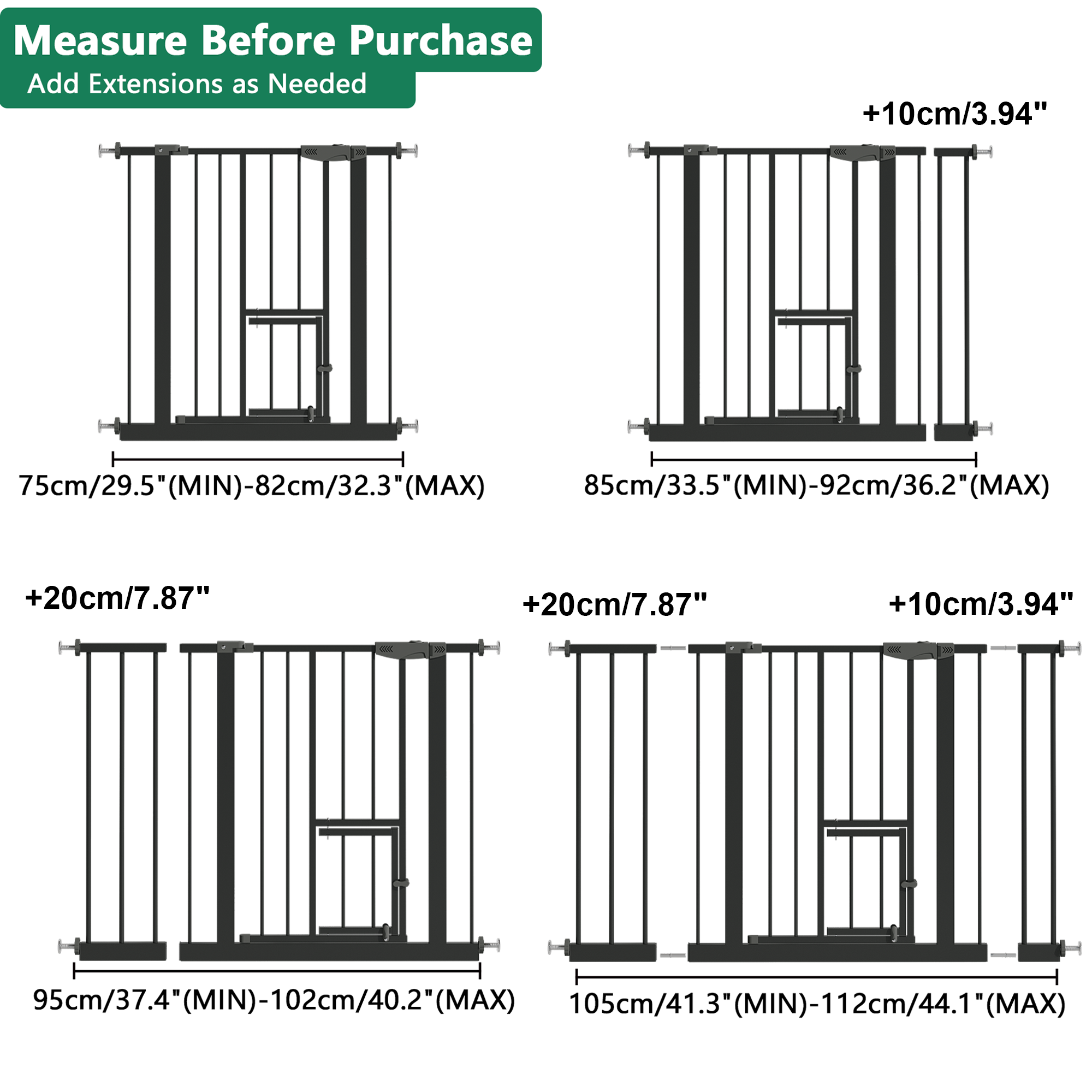 Baby Gate with Cat Door, 29.5-44.1' Metal Pet Door for Stairs & Doorways,Pressure Mounted,No Tools Needed, Black | Premium Ho