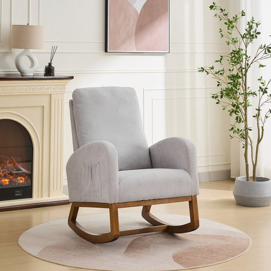 27.2'W Rocking Chair for Nursery, Polyester Glider Chair with High Back and Side Pocket, Rocking Accent Armchair with Rubber Wood Legs for Living Room/Bedroom.Light Gray - Grand Goldman Shop