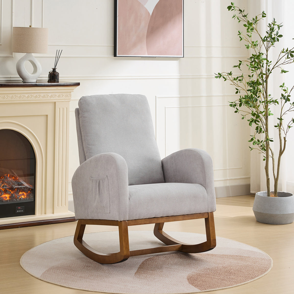 27.2'W Rocking Chair for Nursery, Polyester Glider Chair with High Back and Side Pocket, Rocking Accent Armchair with Rubber Wood Legs for Living Room/Bedroom.Light Gray - Grand Goldman Shop