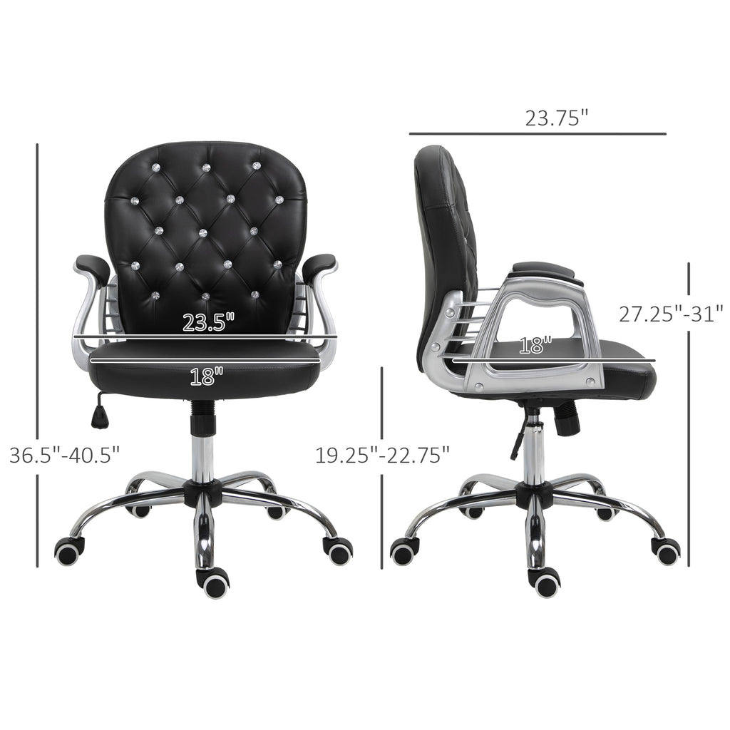 Vinsetto PU Leather Home Office Chair, Button Tufted Desk Chair with Padded Armrests, Adjustable Height and Swivel Wheels, Bl