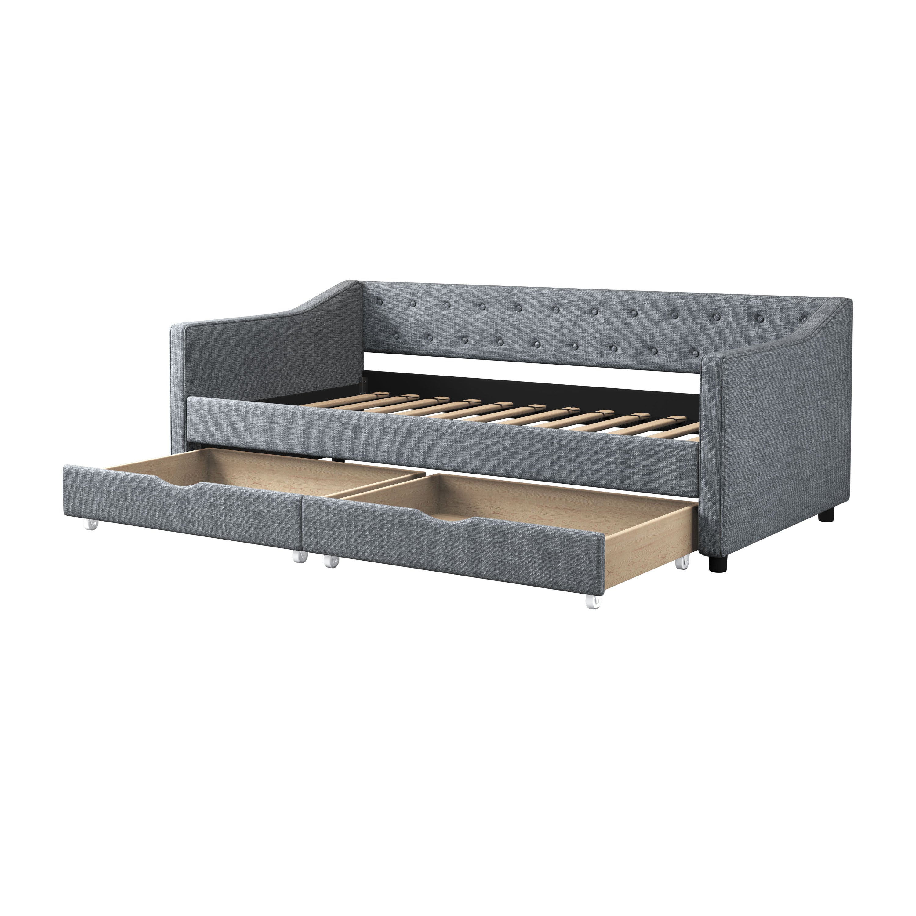 Twin Size Daybed with Drawers Upholstered Tufted Sofa Bed, with Button on Back and Piping on Waved Shape Arms-Light Grey - Grand Goldman Shop