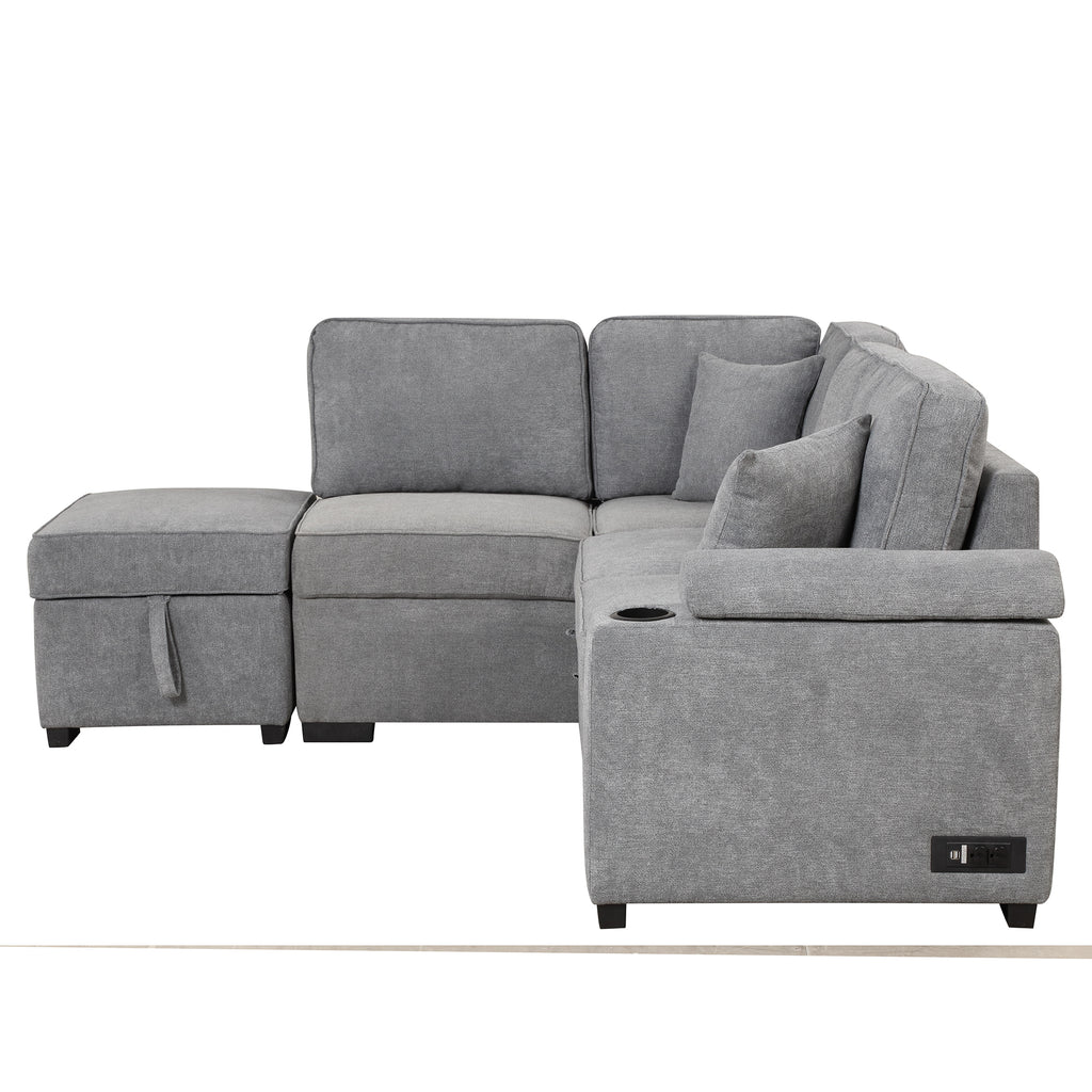 Modern Sleeper Sofa Bed with Storage Ottoman, Gray Linen, 84.75' L Shape Couch for Living Room or Apartment - Grand Goldman Shop