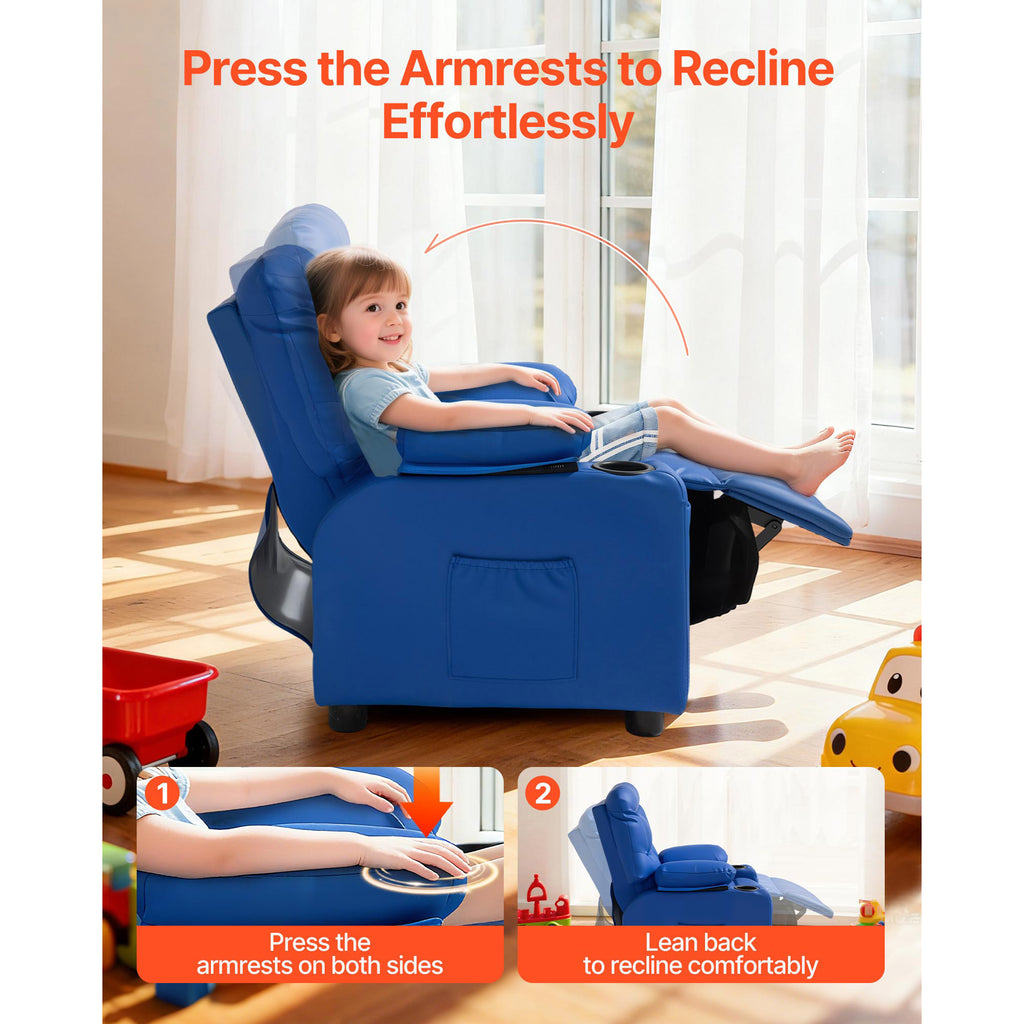 Kids Reclining Chair, Toddler Recliner with 2 Cup Holders and 4 Pockets, 107° to 126° Adjustable Back, Easy-to-Clean PU Leath