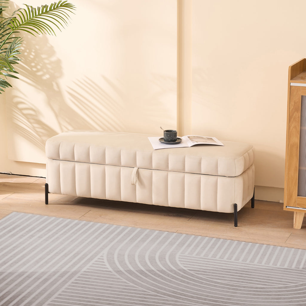 49.21' Wide Upholstered Velvet Storage Soft Bench Footstool Ottoman End of Bed with Metal Legs, Foot Rest for Living Room, Entryway and Bedroom, Beige - Grand Goldman Shop