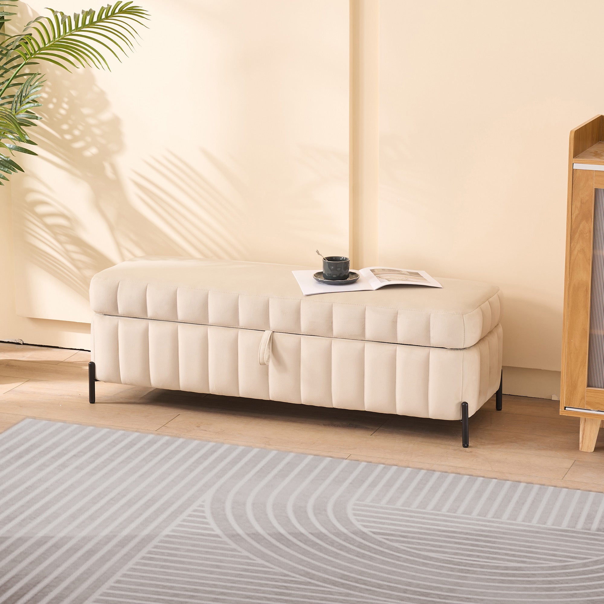 49.21' Wide Upholstered Velvet Storage Soft Bench Footstool Ottoman End of Bed with Metal Legs, Foot Rest for Living Room, Entryway and Bedroom, Beige - Grand Goldman Shop