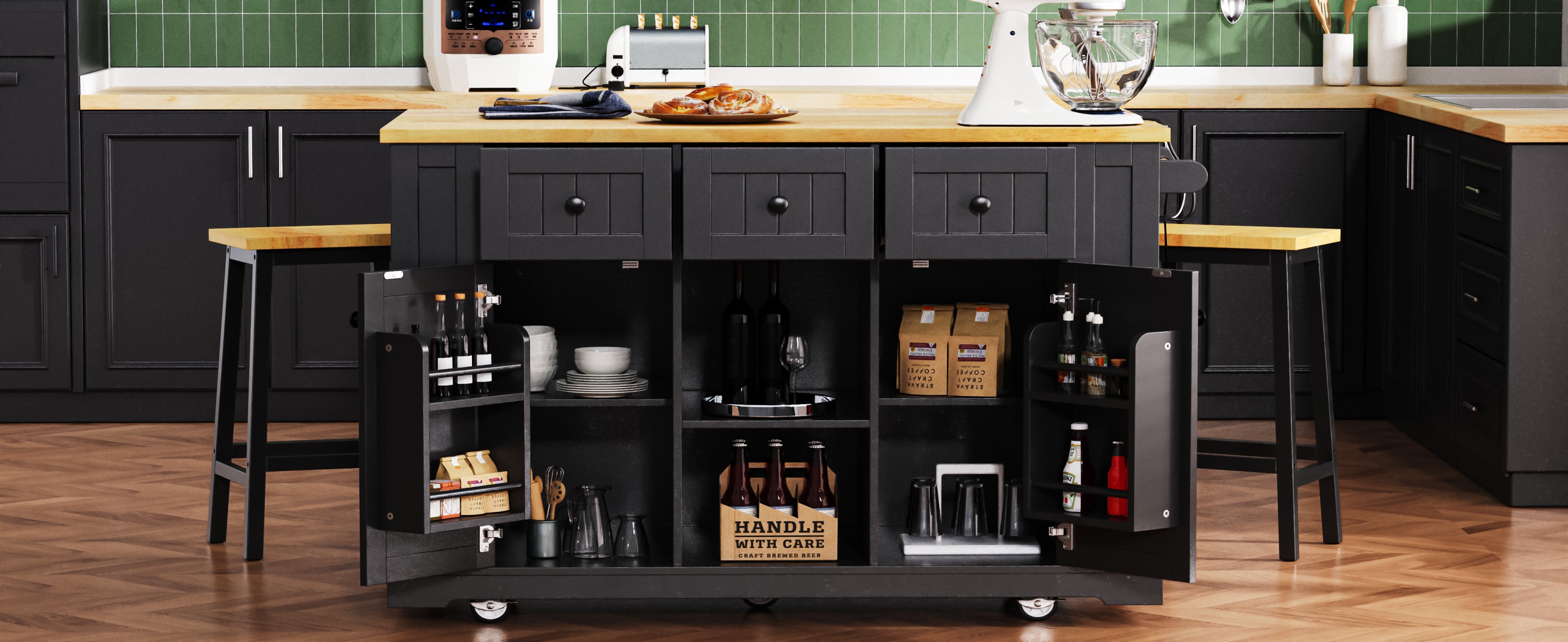 K&K 53inch Large Kitchen Island with 2 Bar Stools, Power Outlet,Door Internal Storage Rack, Kitchen Storage Cart on 5 Wheels with Drop Leaf, 5 Open Side Racks, 3 Drawers,Black (Three Packages) - Grand Goldman Shop