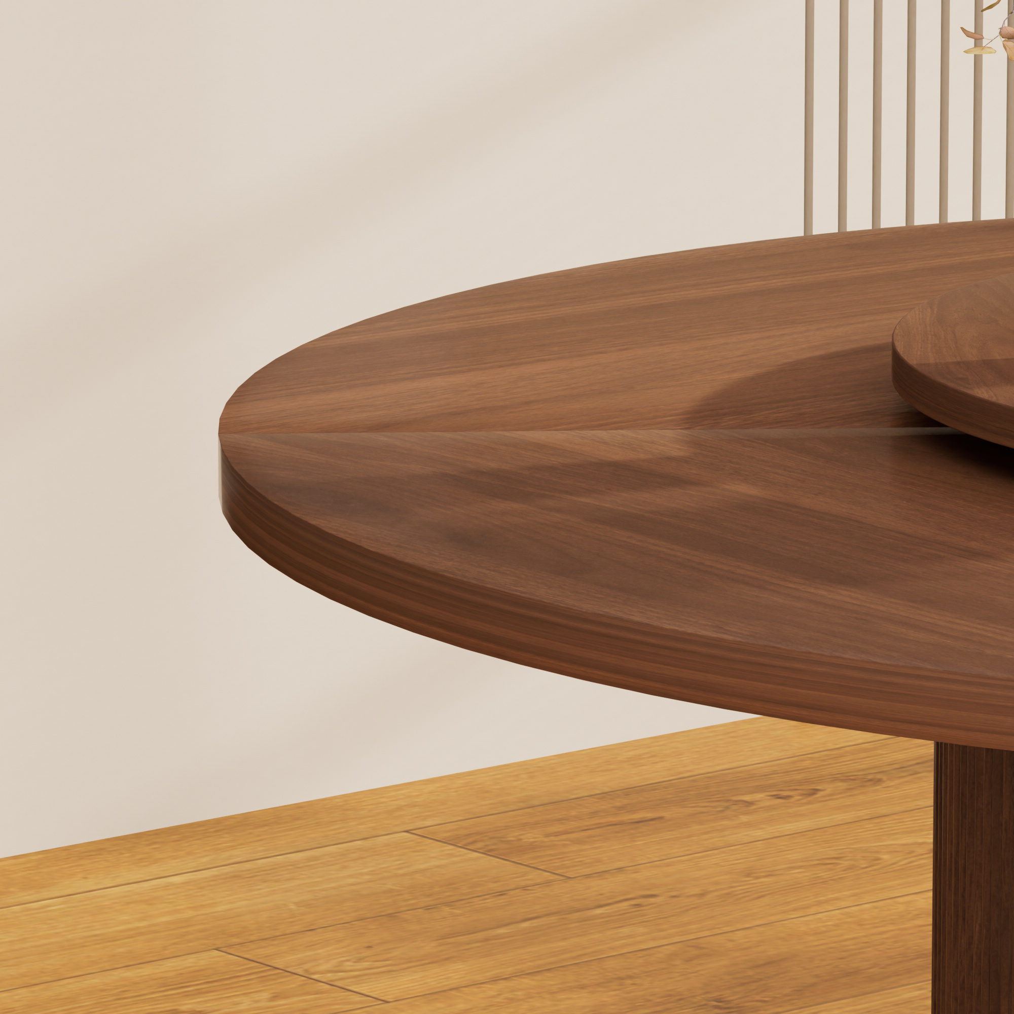 55-inch round dining table for six, featuring a double-tiered storage rack and a rotating tabletop tray. Wooden wavy-striped sliding doors. Ideal for home dining room living room (Walnut). - Grand Goldman Shop