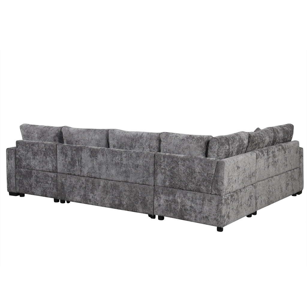 Modern Sectional Sofa Pull-out Sleeper with Storage Ottoman, USB Charging, Grey Tweed Chenille, 112.2' - Grand Goldman Shop