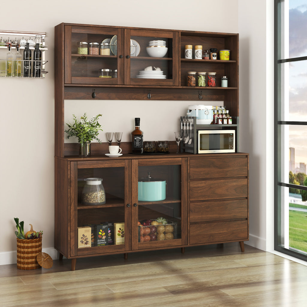 63' W Large Kitchen Hutch Cabinet, Freestanding Pantry Cabinets Storage Kitchen Cupboard with 4 Doors, 4 Drawers & Microwave Shelf, Walnut - Grand Goldman Shop