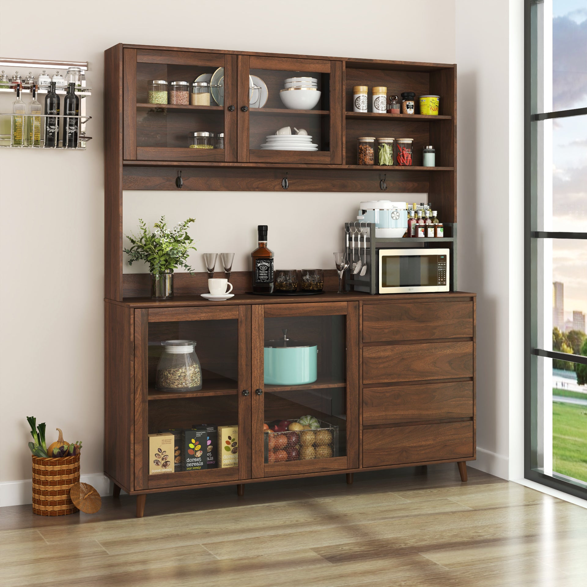 63' W Large Kitchen Hutch Cabinet, Freestanding Pantry Cabinets Storage Kitchen Cupboard with 4 Doors, 4 Drawers & Microwave Shelf, Walnut - Grand Goldman Shop