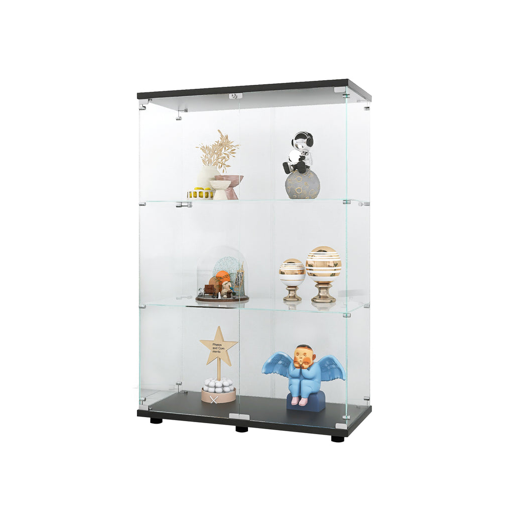 Two-door Glass Display Cabinet 3 Shelves with Door, Floor Standing Curio Bookshelf for Living Room Bedroom Office, 49.3'*31.7