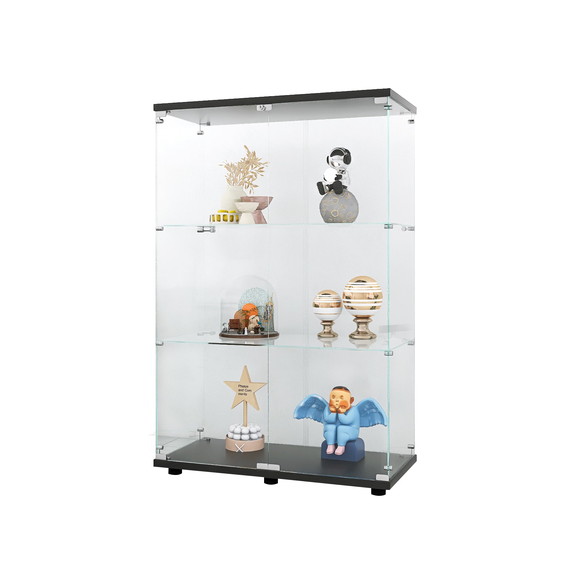Two-door Glass Display Cabinet 3 Shelves with Door, Floor Standing Curio Bookshelf for Living Room Bedroom Office, 49.3'*31.7