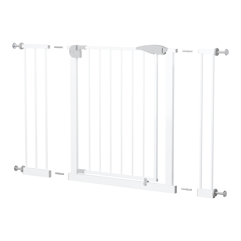 White Pressure-Mounted Baby Gate for Stairs, 29.5-44.1' Wide, Steel and ABS Construction, Easy Walk-Through Design for Kids a