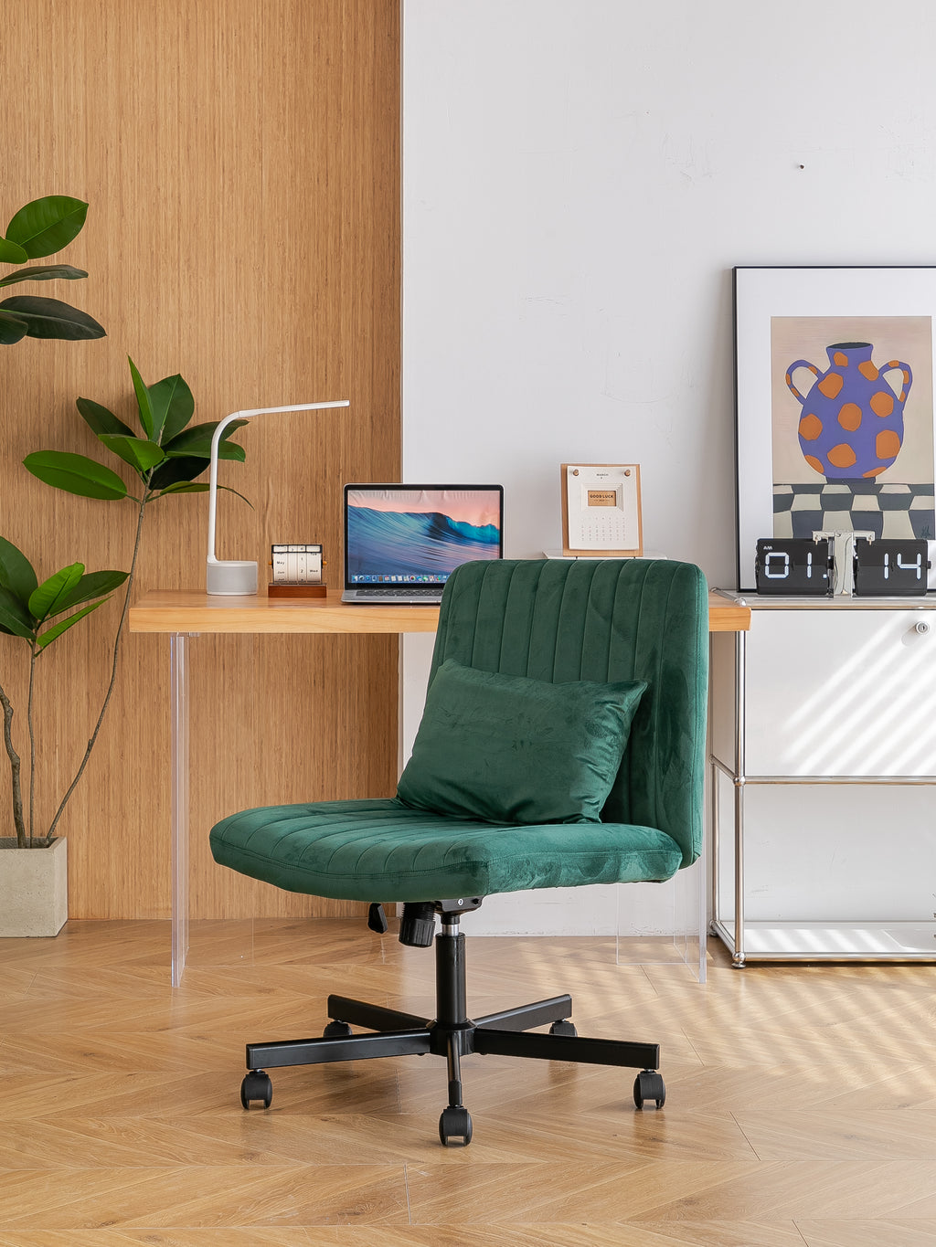 Green Velvet Criss Cross Armless Office Chair with Wheels - Comfortable & Stylish for Home Office, Meditation, and Makeup Use