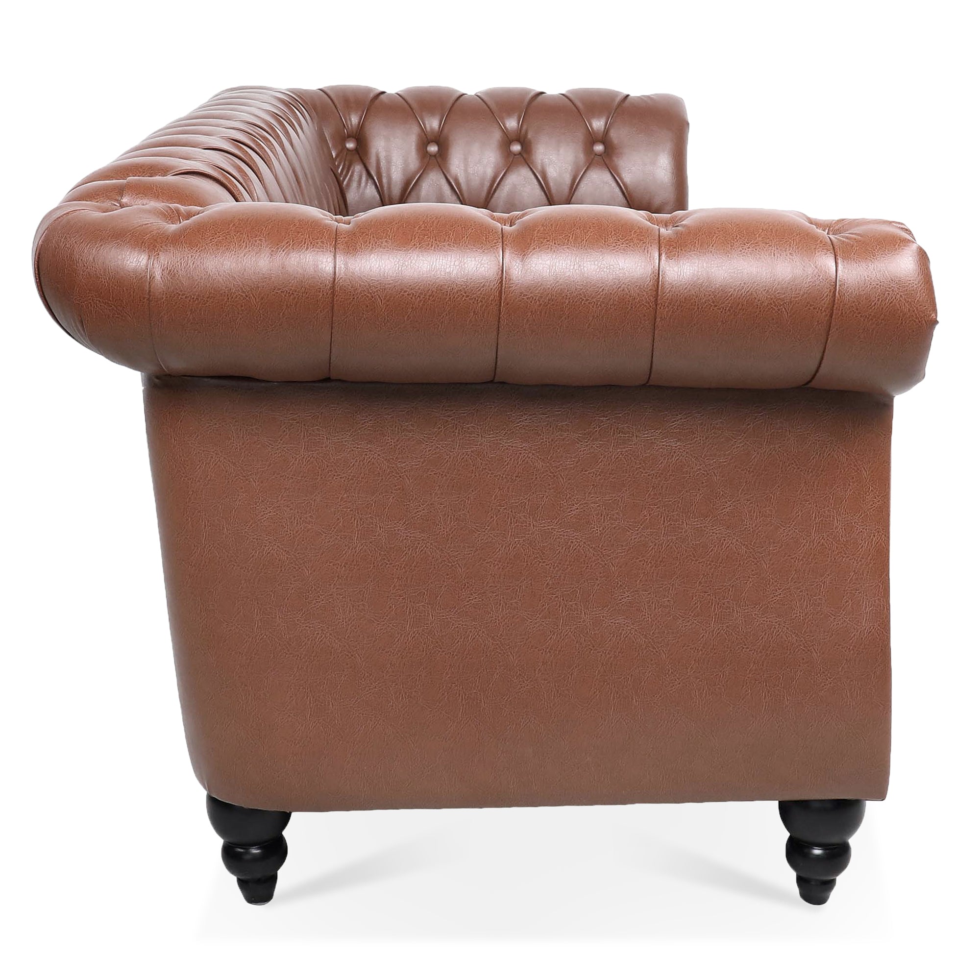 Classic Chesterfield Three Seater Sofa Brown PU Leather with Rolled Arms and Birch Legs 84.65 Inches - Grand Goldman Shop